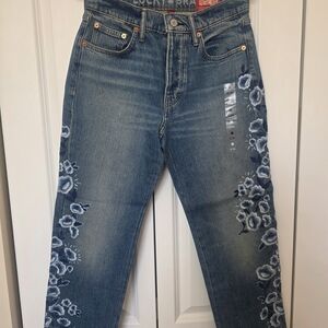 Lucky Brand High Rise 90s Loose Crop Blue Floral Straight Leg Jeans